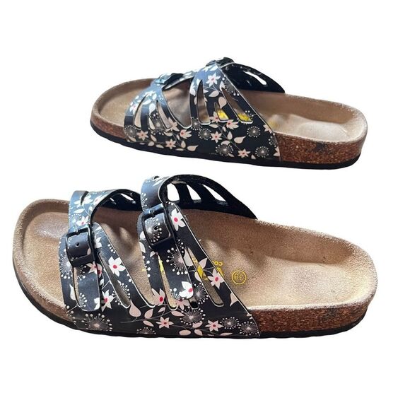 Viking Black White Floral Buckle Cut Out "Brama" Cork Birkenstock Style Sandal‎ - Picture 6 of 10